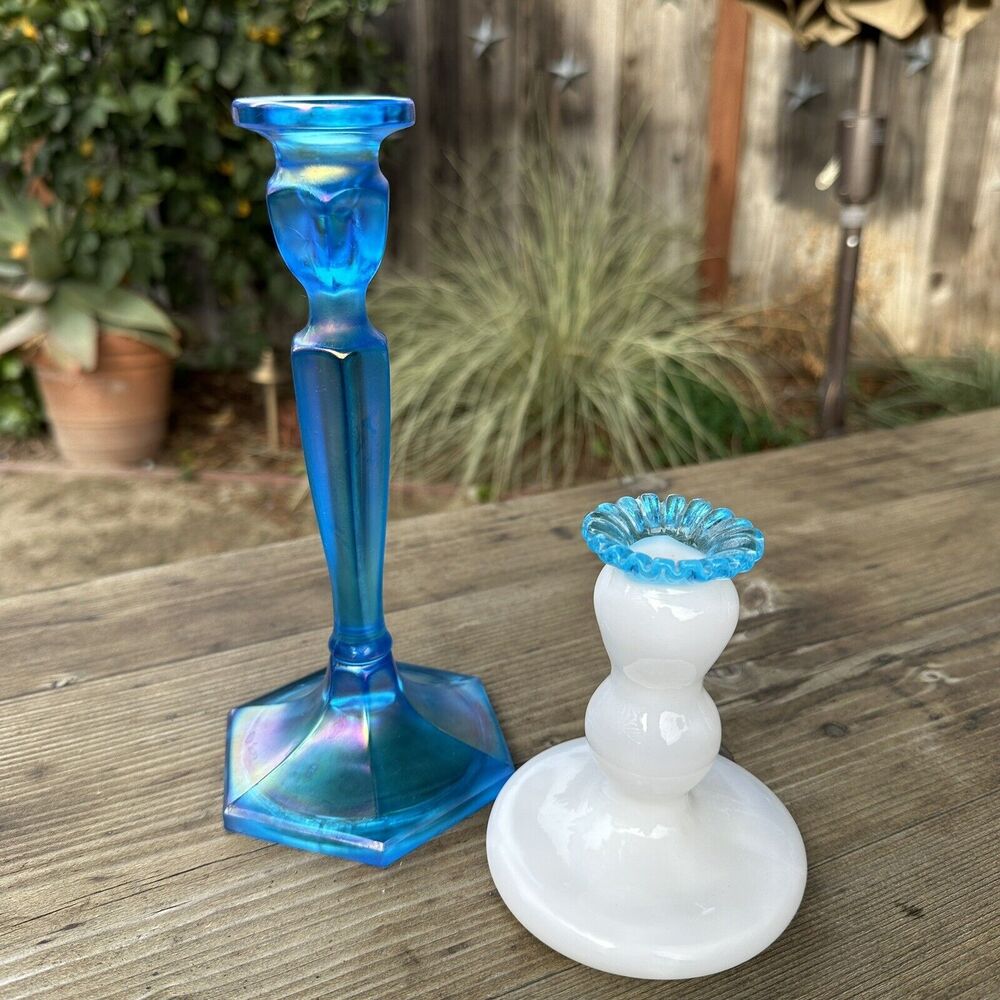 Fenton Celeste Blue Stretch Glass and Aqua Crest Candle holders Mantel Decor